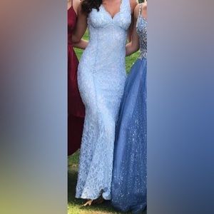 Long light blue lace prom dress